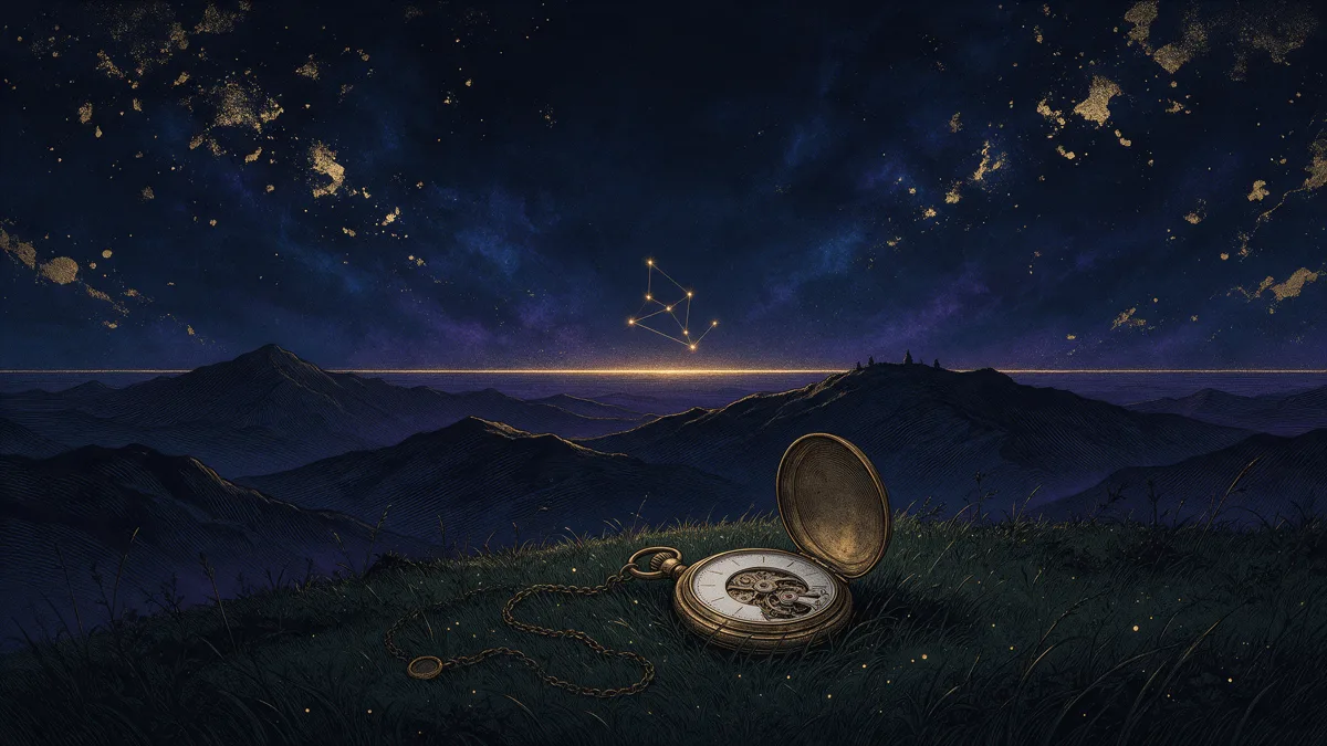Eine geöffnete Taschenuhr ohne Zeiger im Gras auf einem Hügel, am Horizont geht ein Sternbild über einer goldenen Linie auf