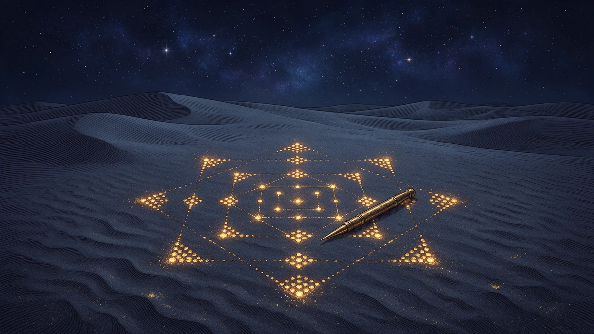 Sechzehn geomantische Punktfiguren aus glimmendem Goldstaub als ritueller Schild im dunklen Wüstensand unter dem Sternenhimmel, daneben ein feiner antiker Griffel