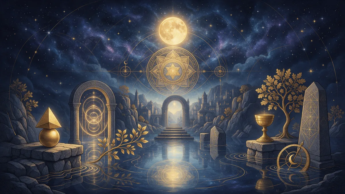 Eine stille Landschaft aus Wasser, Stein und goldener Geometrie unter einem Vollmond