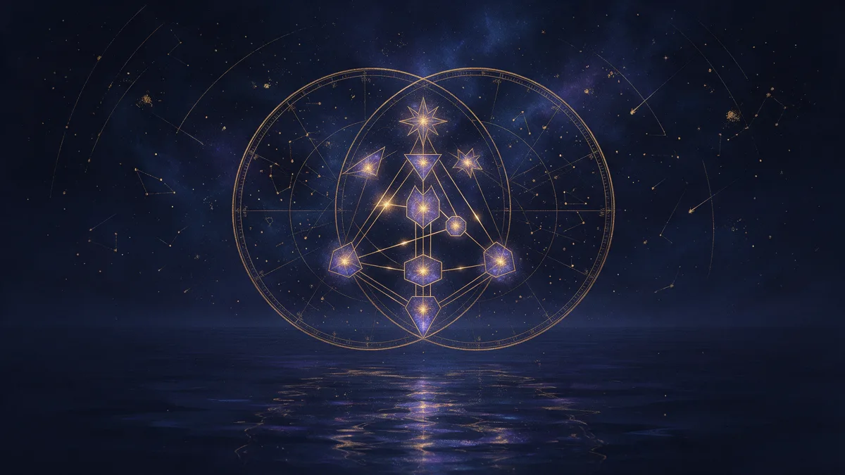 Ein leuchtender Bodygraph aus neun Zentren und goldenen Kanälen über ruhigem Wasser, dahinter zwei sich überlagernde Sternkarten