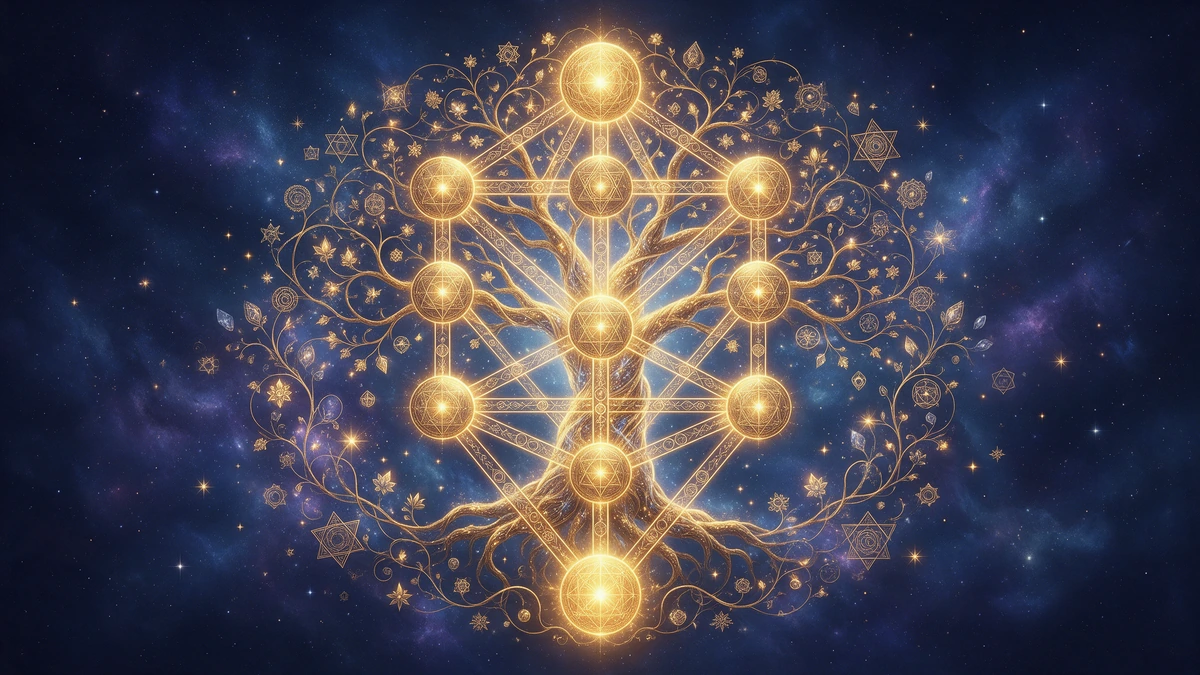 Ein leuchtender kabbalistischer Lebensbaum (Etz Chaim) im tiefen Kosmos mit zehn strahlenden goldenen Sphären und zweiundzwanzig verbindenden Lichtpfaden vor indigoblauem Sternennebel