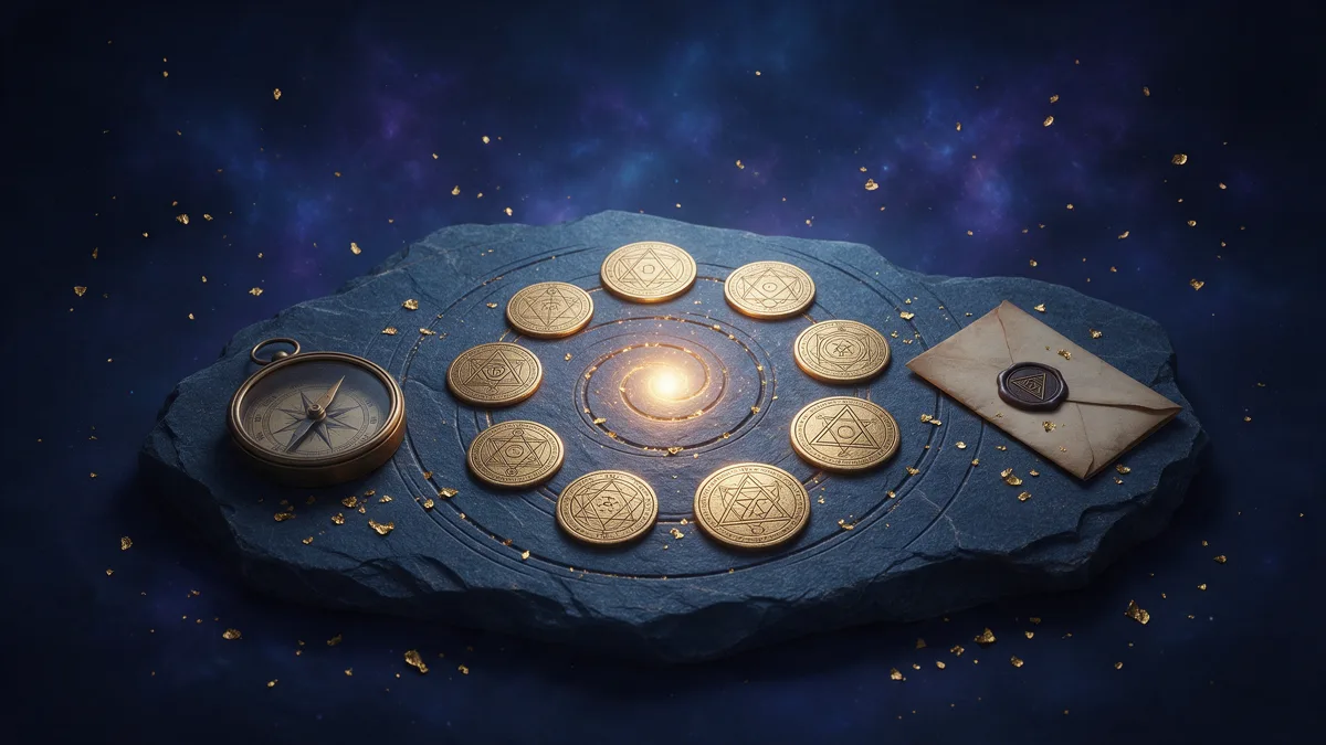 Neun goldene Medaillons als Spirale auf dunklem Stein um einen leuchtenden Punkt, daneben ein Kompass und ein versiegelter Brief