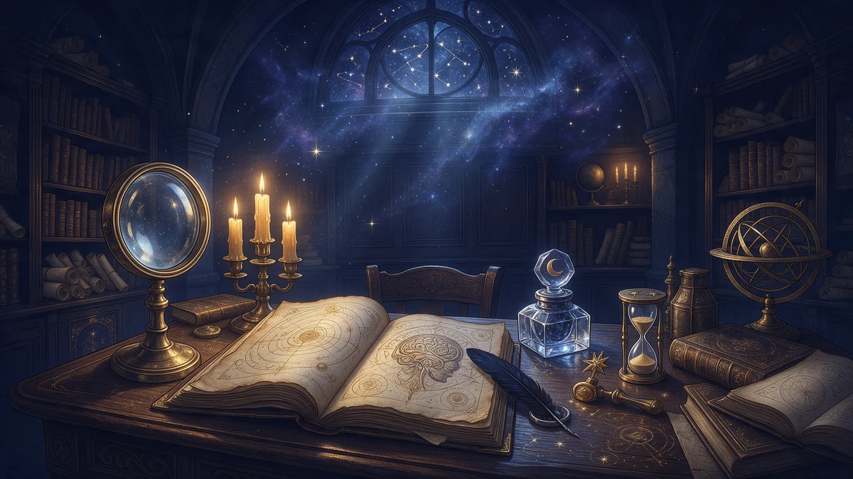 Ein astronomischer Gelehrtentisch in einer kerzenerleuchteten Gewölbebibliothek mit aufgeschlagenem Manuskript planetarer Orbits, einer antiken Messinglupe und einer Rabenfeder neben dem Kristalltintenfass