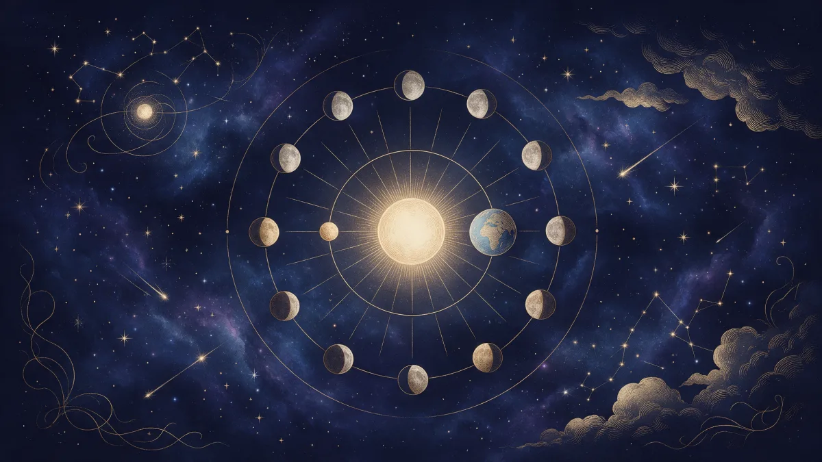 Die acht Mondphasen als goldener Kreis um Sonne und Erde, vor einem Sternenhimmel in Mitternachtsblau