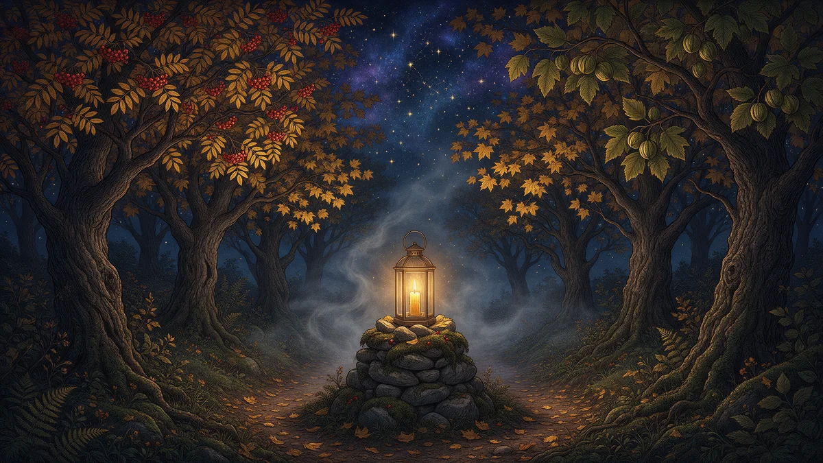 Ein mystischer herbstlicher Waldpfad in der Abenddämmerung gesäumt von Ebereschen, Ahorn und Nussbäumen mit einer Bienenwachslaterne auf einem Steinhaufen und zarten Nebelschleiern