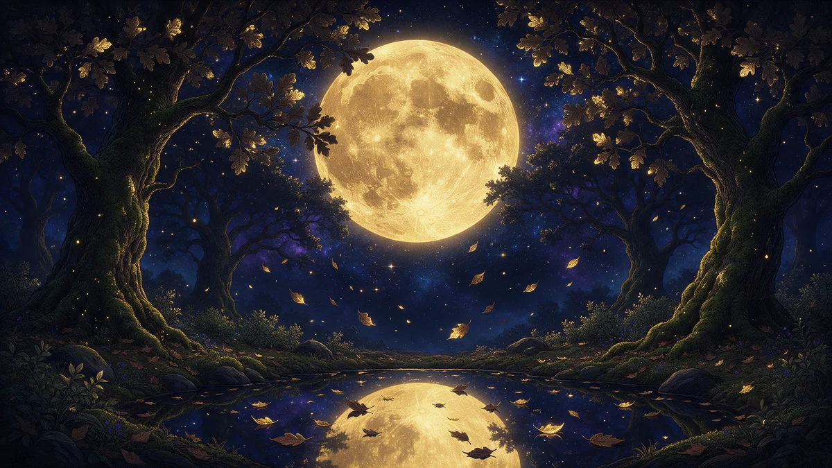 Ein riesiger goldener Vollmond tief über einem uralten moosigen Eichenhain und dunkler Erde, gespiegelt in einem stillen Teich mit herabfallenden Herbstblättern
