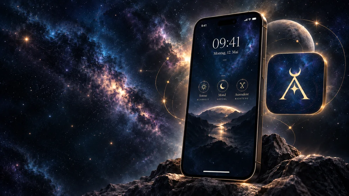 Ein Telefon mit dem Sperrbildschirm von AstroLogic vor einer Galaxie, daneben das App-Icon mit dem Signet