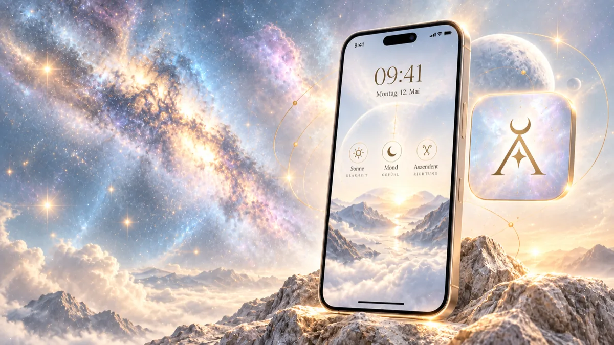 Ein Telefon mit dem Sperrbildschirm von AstroLogic vor einer Galaxie, daneben das App-Icon mit dem Signet
