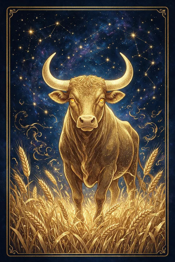 Stier, Kartenmotiv: goldener Stier auf einem Feld aus Weizen unter Sternen